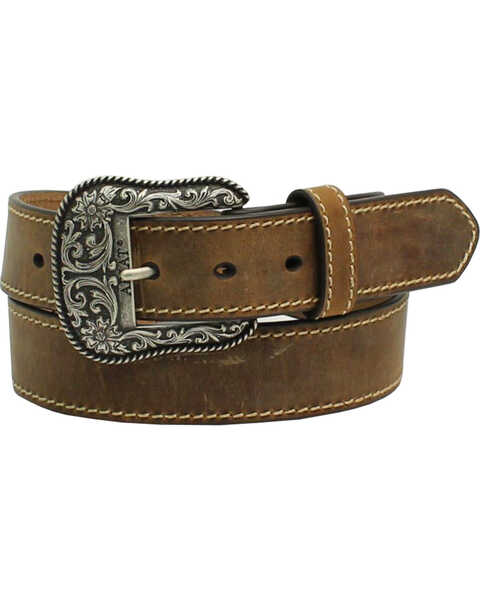 Image #1 - Ariat Women's Leather Belt with Engraved Buckle, Brown, hi-res