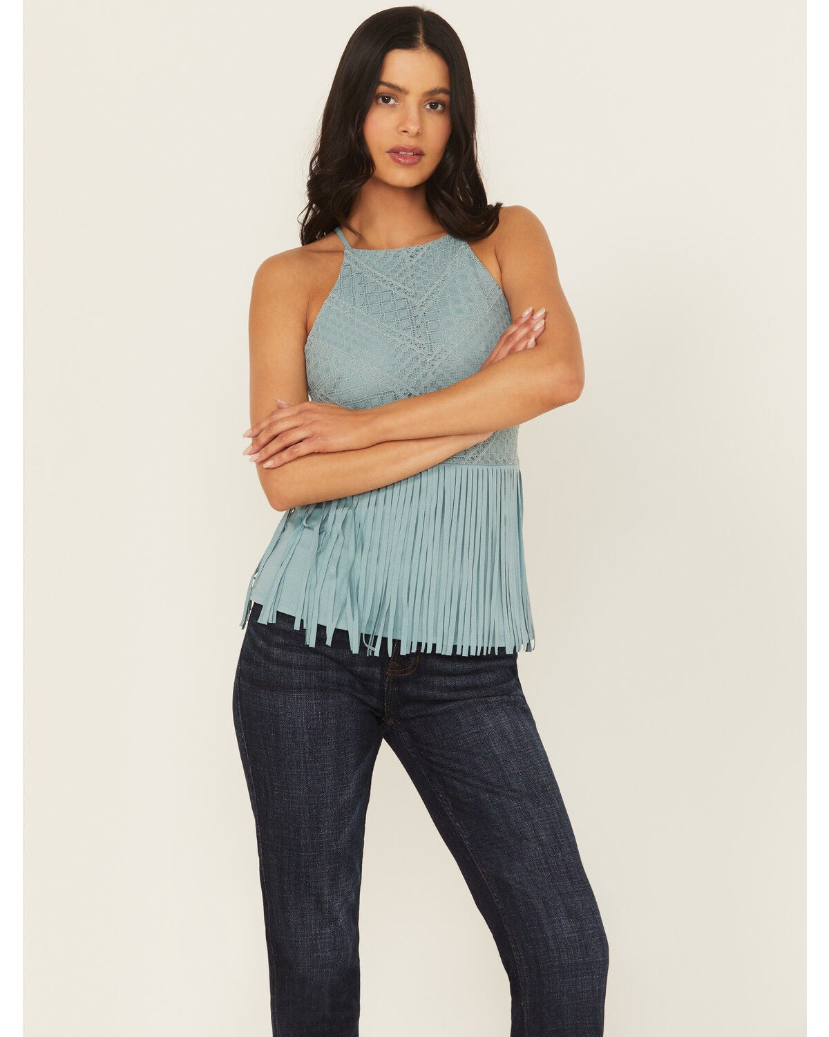 Shyanne Women's Stretch Lace Halter Fringe Tank, Aqua, hi-res