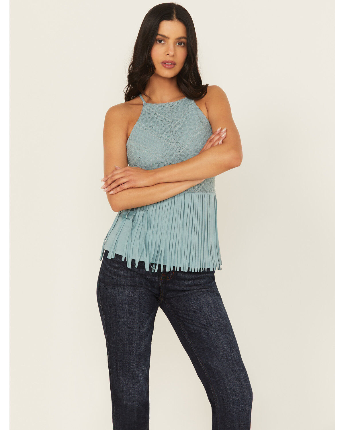Image #1 - Shyanne Women's Stretch Lace Halter Fringe Tank, Aqua, hi-res