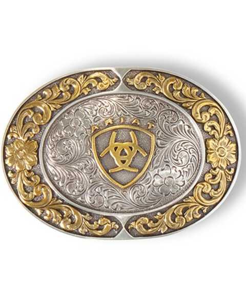 Image #1 - Ariat Women's Floral Smooth Edge Oval Belt Buckle, Silver, hi-res