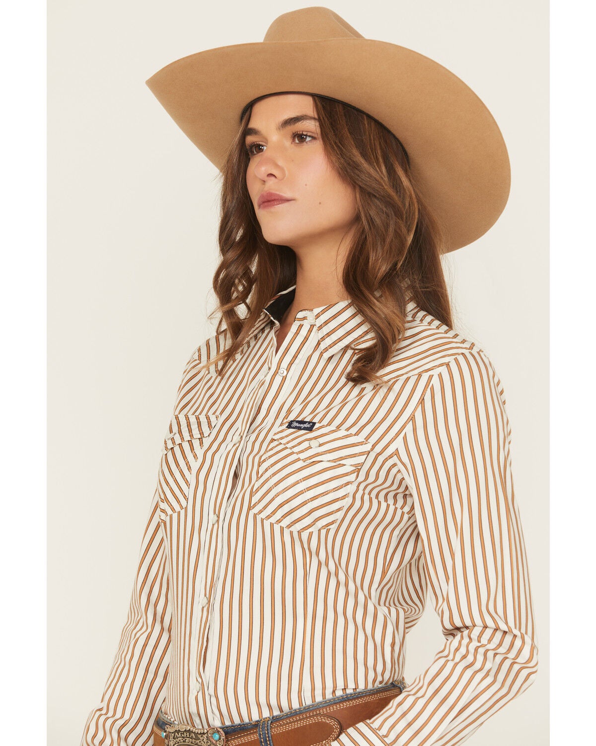 Image #2 - Wrangler Retro Women's Vertical Striped Long Sleeve Snap Western Shirt, Brown, hi-res