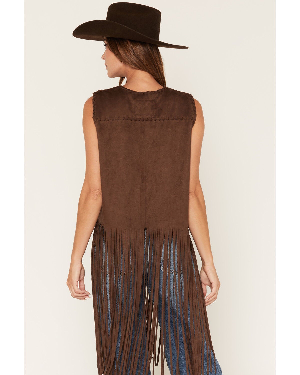 Image #4 - Fornia Women's Boot Barn Exclusive  Faux Suede Whip Stitch Fringe Vest, Brown, hi-res