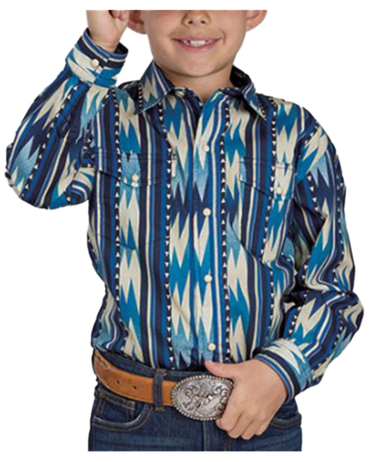 Image #1 - Roper Boys' Southwestern Striped Long Sleeve Snap Western Shirt, Blue, hi-res