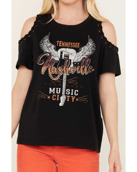 Blended Women's Cold Shoulder Nashville Music City Graphic Tee, Black, hi-res