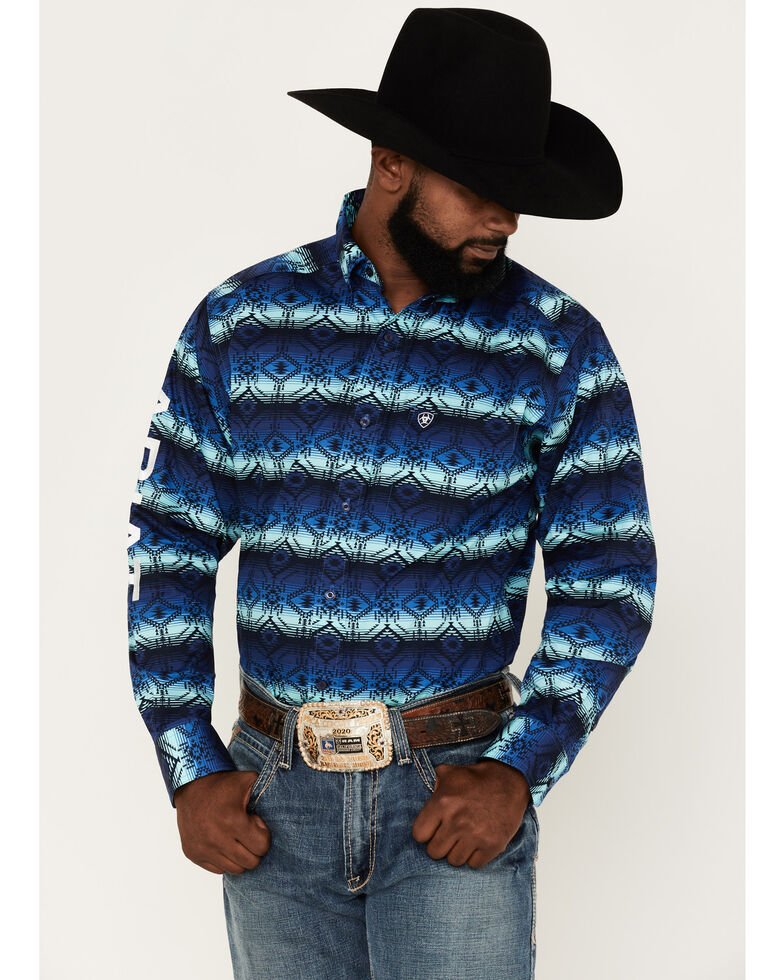 Ariat Men's Team Maison Southwestern Print Logo Button-Down Western Shirt , Dark Blue, hi-res