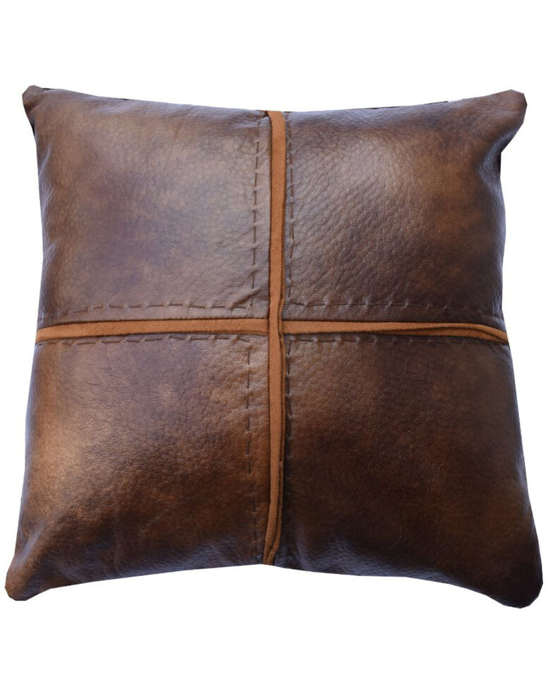 HiEnd Accents Brighton Faux Leather Cross Stitched Accent Pillow, Brown, hi-res