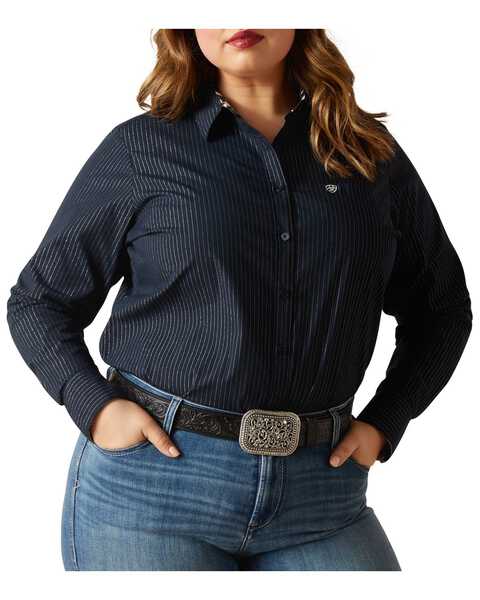 Image #1 - Ariat Women's Cow Print Wrinkle Resist Team Kirby Long Sleeve Button-Down Stretch Western Shirt - Plus , Black, hi-res