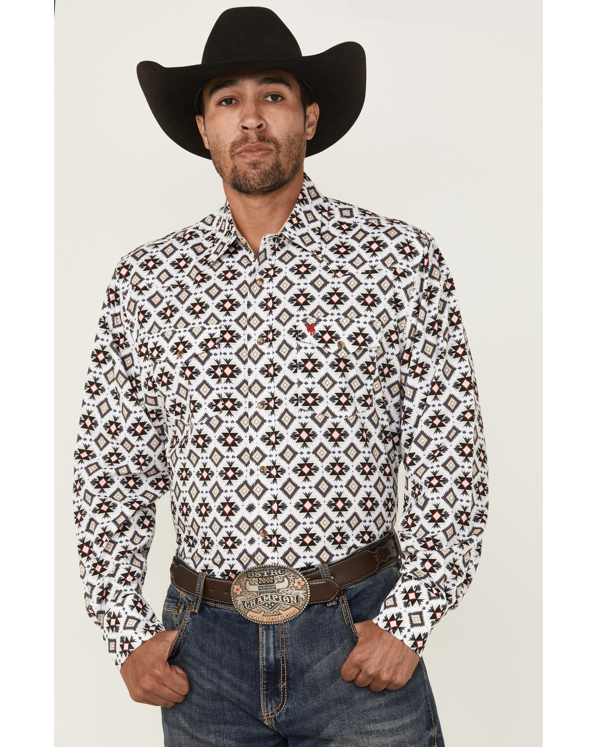 Image #1 - Rodeo Clothing Men's Geo Print Long Sleeve Snap Western Shirt, White, hi-res