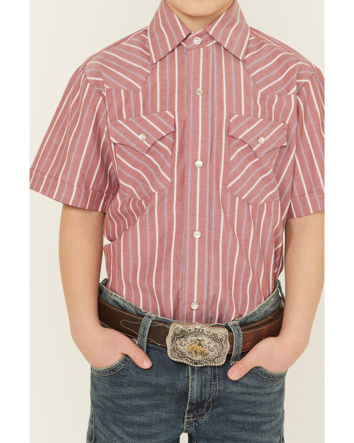 Image #3 - Ely Walker Boys' Striped Short Sleeve Snap Western Shirt, Red, hi-res