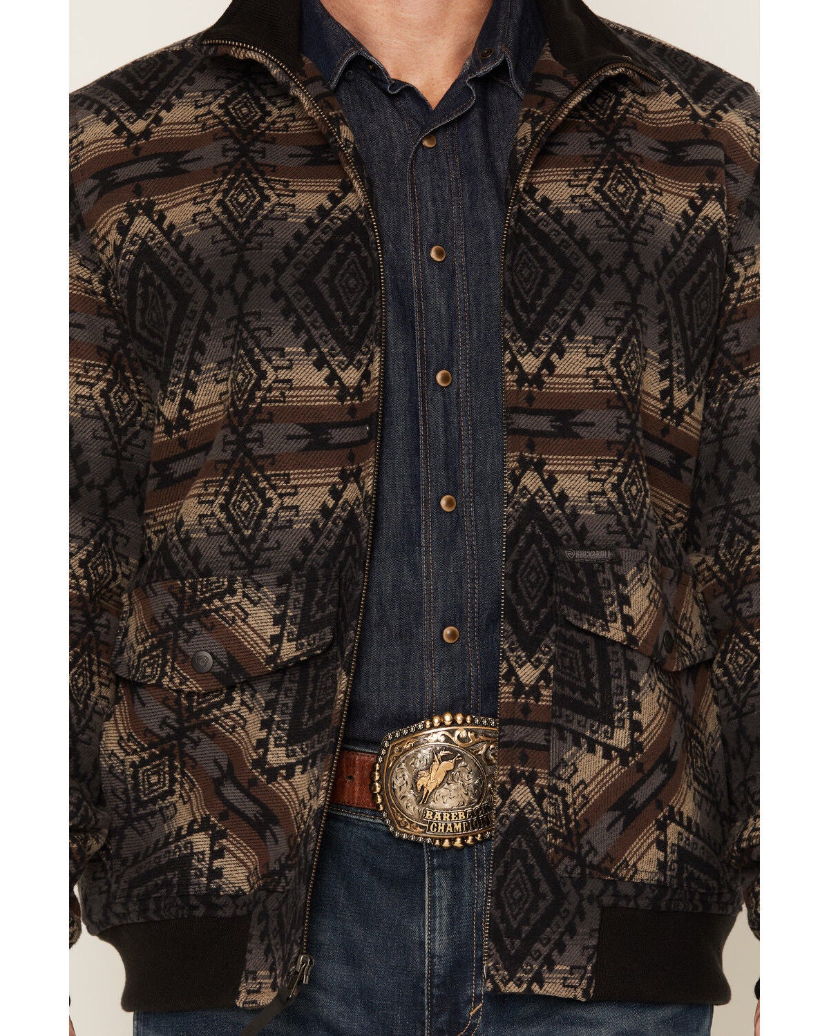 Image #3 - Rock & Roll Denim Men's Southwestern Print Bomber Jacket, Charcoal, hi-res