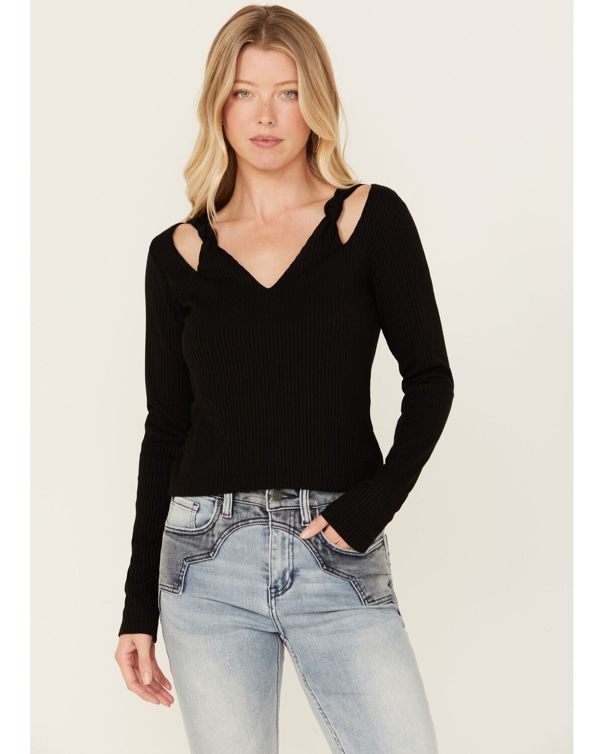 Miss Me Women's Boot Barn Exclusive Solid Long Sleeve Knit Top, Black, hi-res