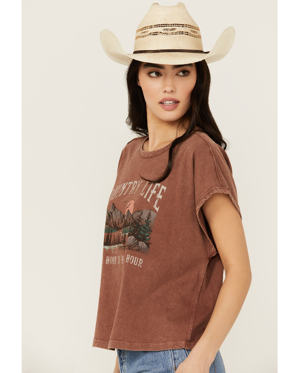 Image #2 - Cleo + Wolf Women's Anna Cropped Graphic Muscle Tee, Chocolate, hi-res