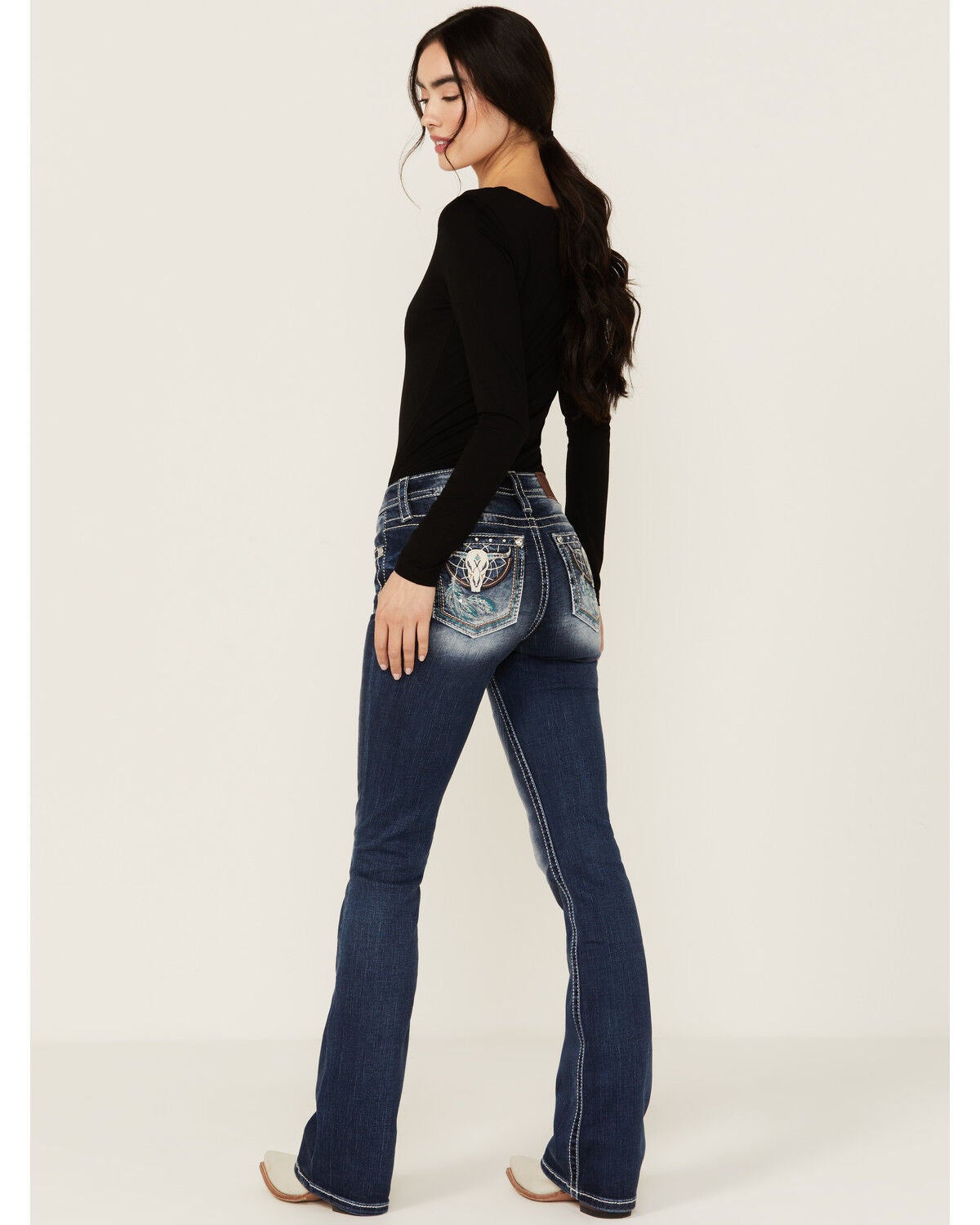 Miss Me Women's Dark Wash Cow Dream Catcher Mid Rise Bootcut