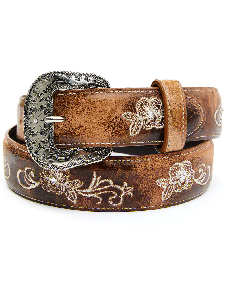 Shyanne Women's Lasy Cream Floral Western Belt, Brown, hi-res