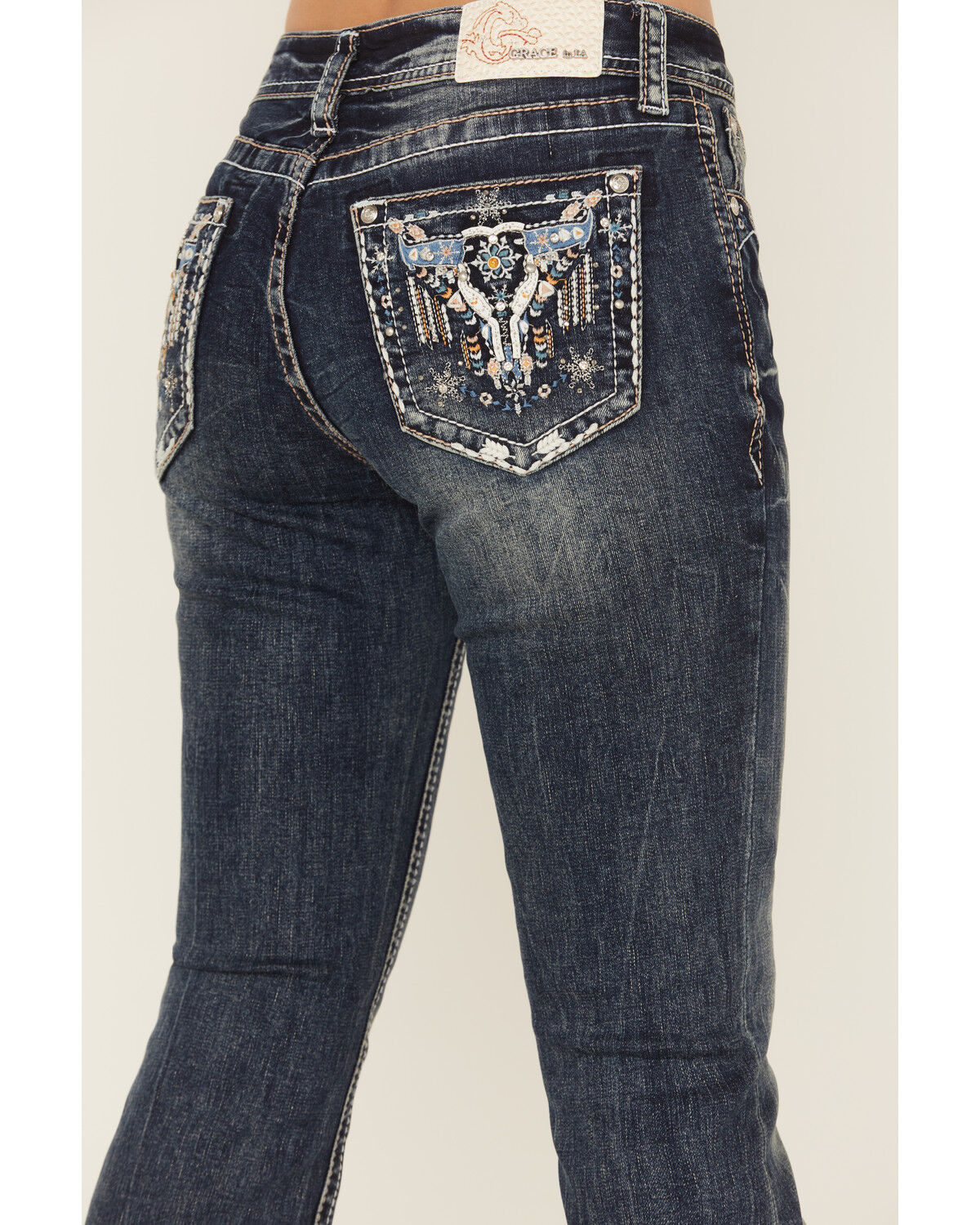 Image #2 - Grace in LA Women's Medium Wash Steerhead Embroidered Bootcut Stretch Denim Jeans, Medium Wash, hi-res