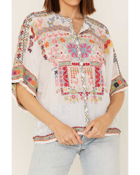 Image #3 - Johnny Was Women's Xylia Embroidered Wildlife & Floral Short Sleeve Blouse, White, hi-res