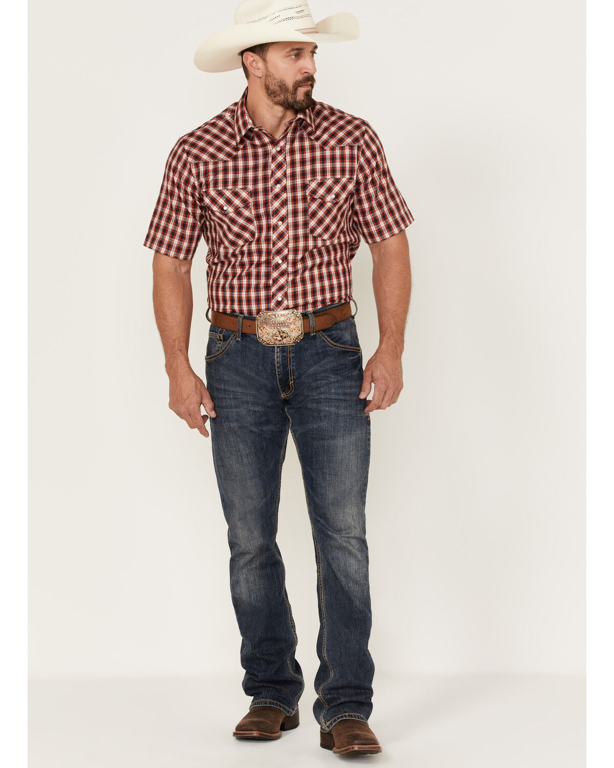 Image #2 - Roper Men's Classic Small Plaid Short Sleeve Pearl Snap Western Shirt, Red, hi-res