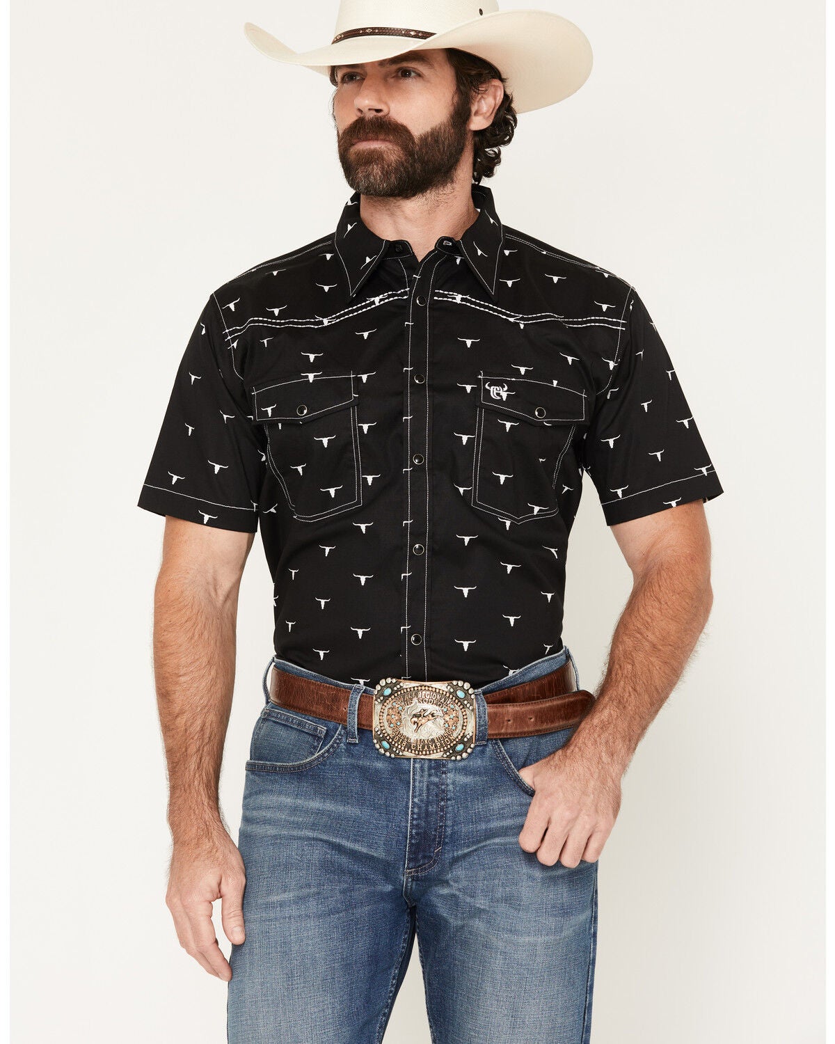 Cowboy Hardware Men's Boot Barn Exclusive Scatter Skull Print Short Sleeve Snap Stretch Western Shirt, Black, hi-res