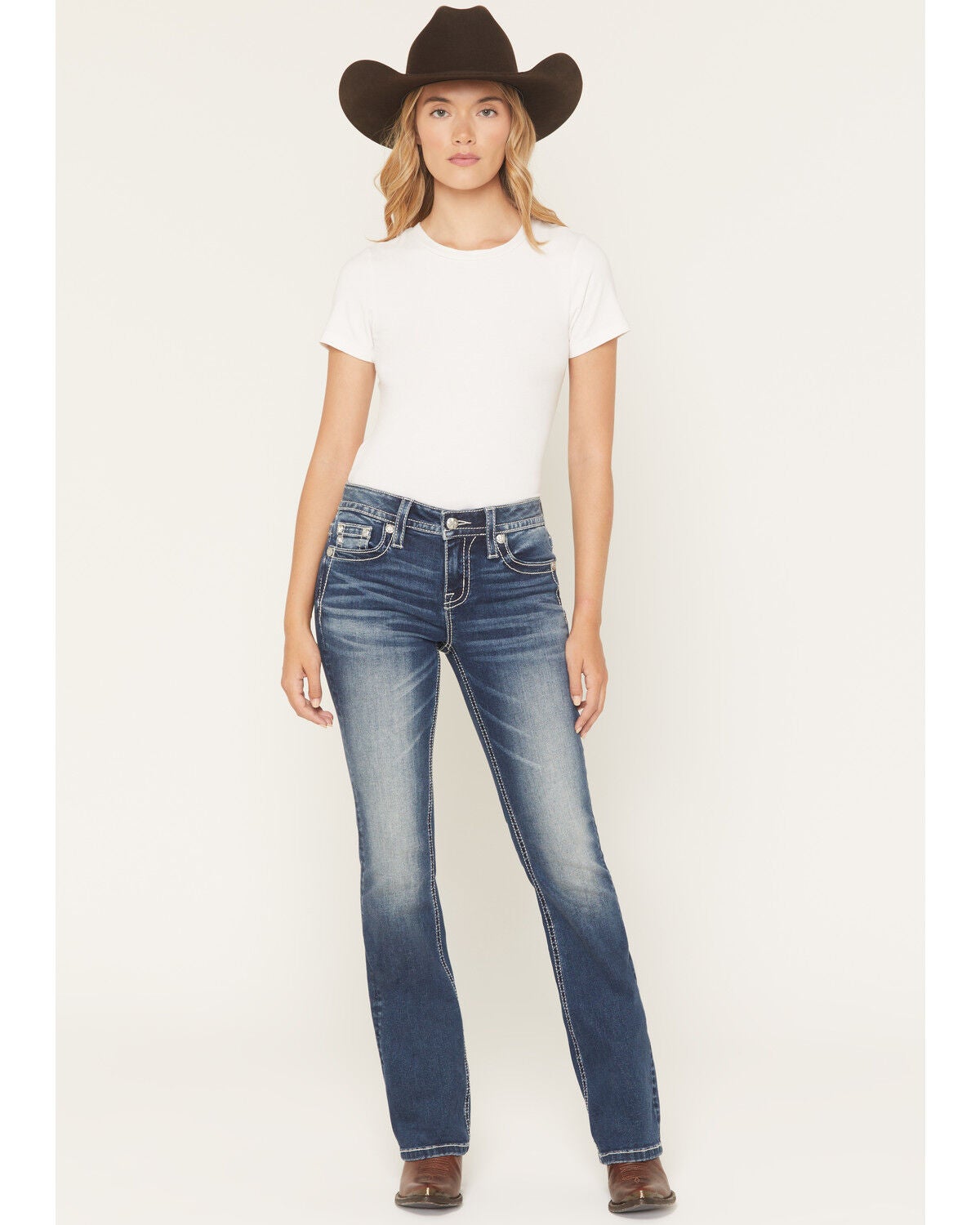 Image #3 - Miss Me Women's Dark Wash Mid Rise Embroidered Pocket 34" Bootcut Stretch Denim Jeans, Dark Wash, hi-res