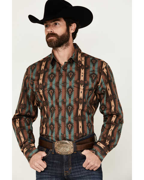 Wrangler Men's Southwestern Print Long Sleeve Snap Western Shirt, Brown, hi-res