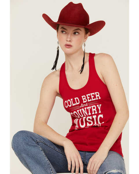 Ali Dee Women's Cold Beer And Country Music Tank Top, Red, hi-res