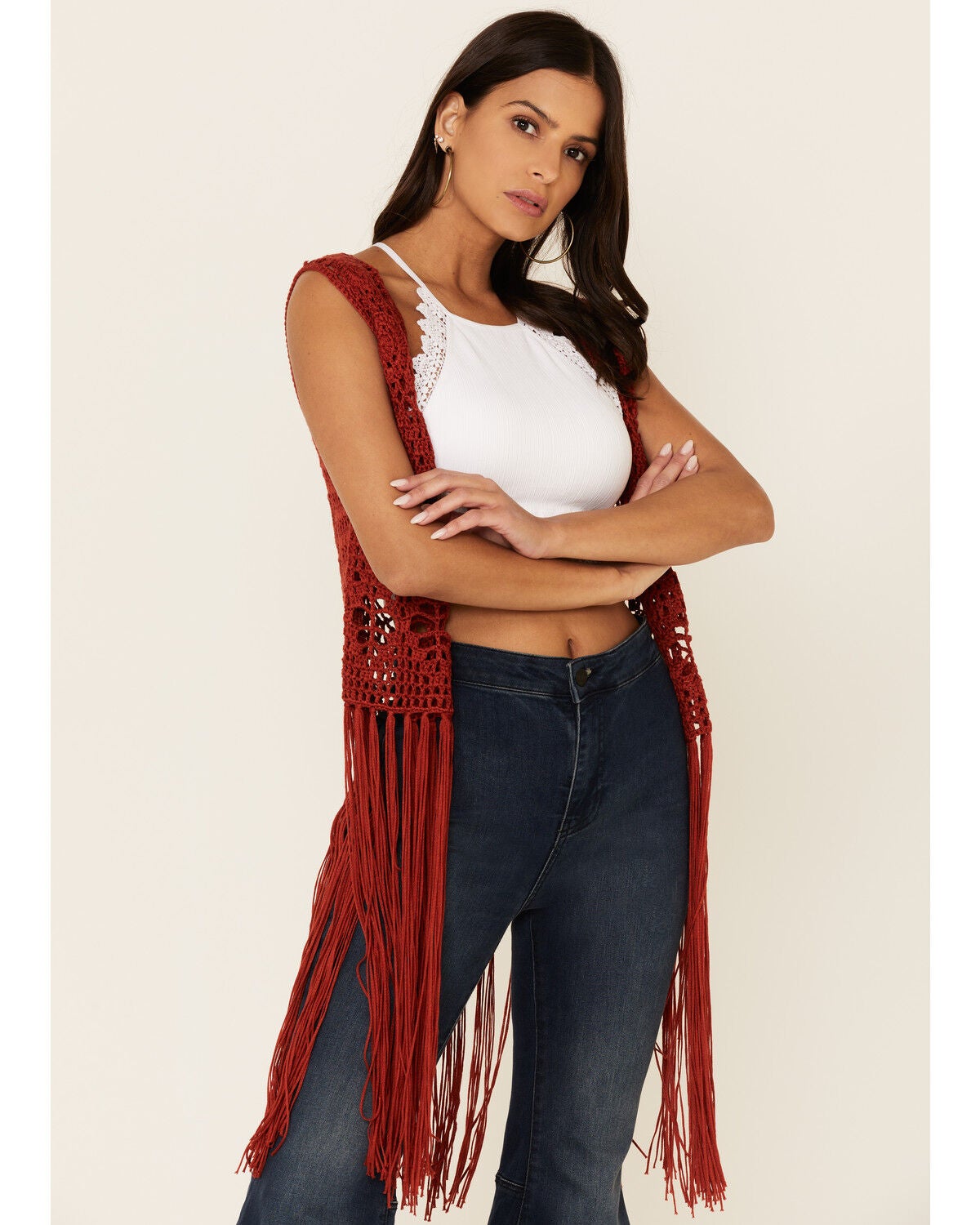 Rust Crochet Fringe Vest 