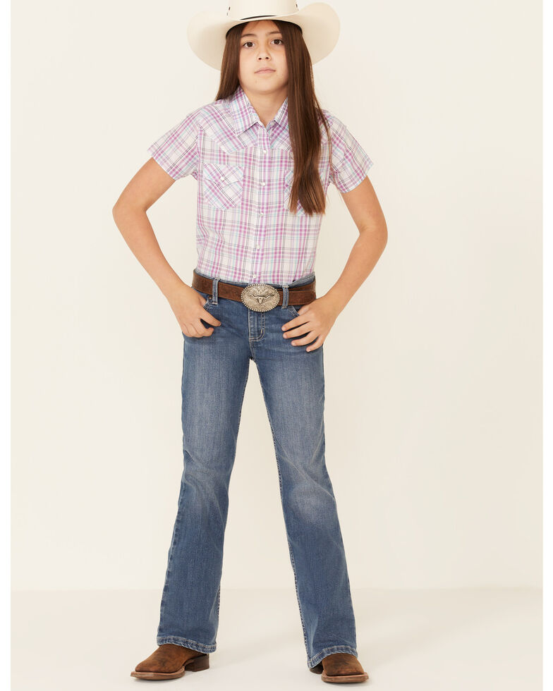 Ely Walker Girls' Assorted Lurex Plaid Short Sleeve Snap Western Shirt , Purple, hi-res