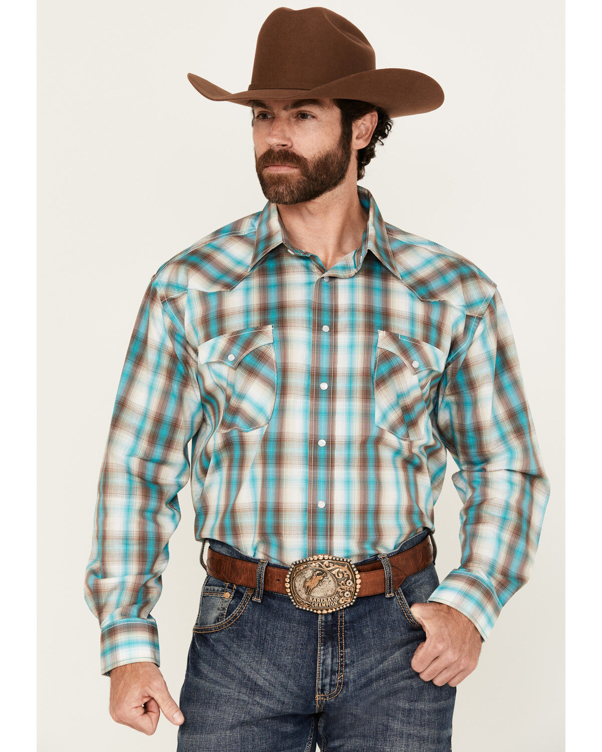Image #1 - Panhandle Men's Boot Barn Exclusive Plaid Print Long Sleeve Snap Stretch Western Shirt, Turquoise, hi-res