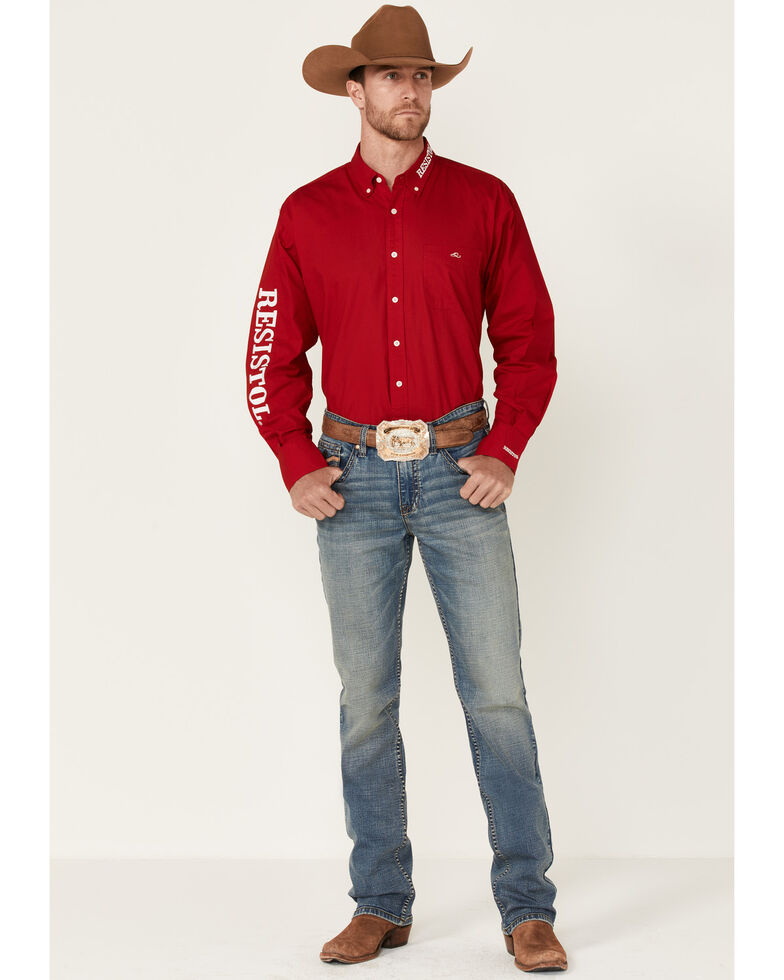 Resistol Men's Solid Red Logo Embroidered Long Sleeve Button-Down Western Shirt , Red, hi-res