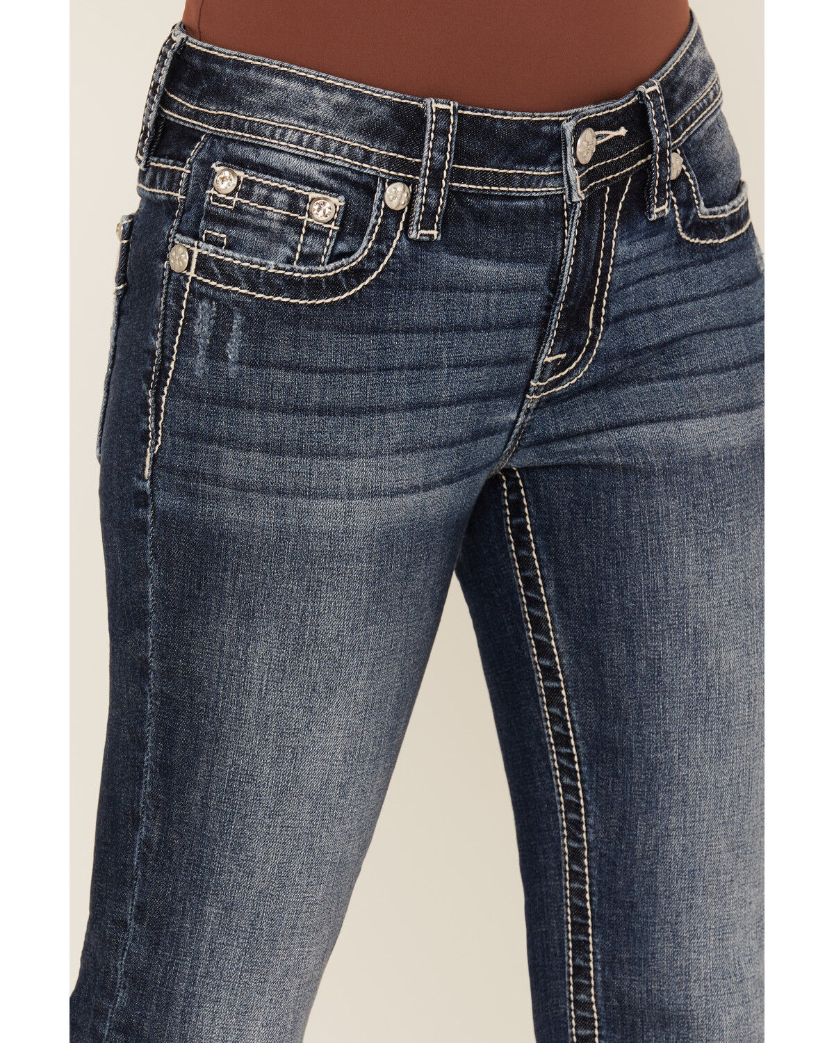 Image #4 - Miss Me Women's Dark Wash Mid Rise Paisley Pocket Bootcut Stretch Denim Jeans, Dark Wash, hi-res