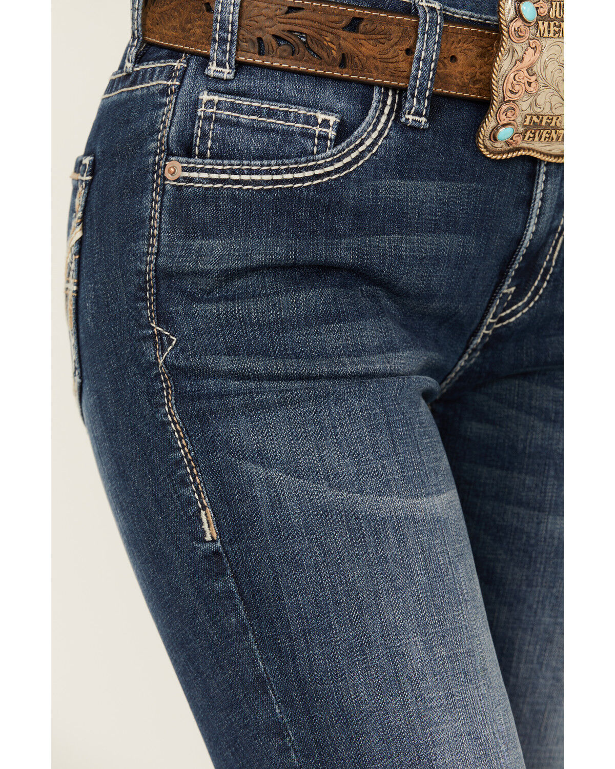 Image #4 - Rock & Roll Denim Women's Medium Wash Mid Rise Pleather Embroidered Pocket Bootcut Stretch Denim Jeans, Medium Wash, hi-res