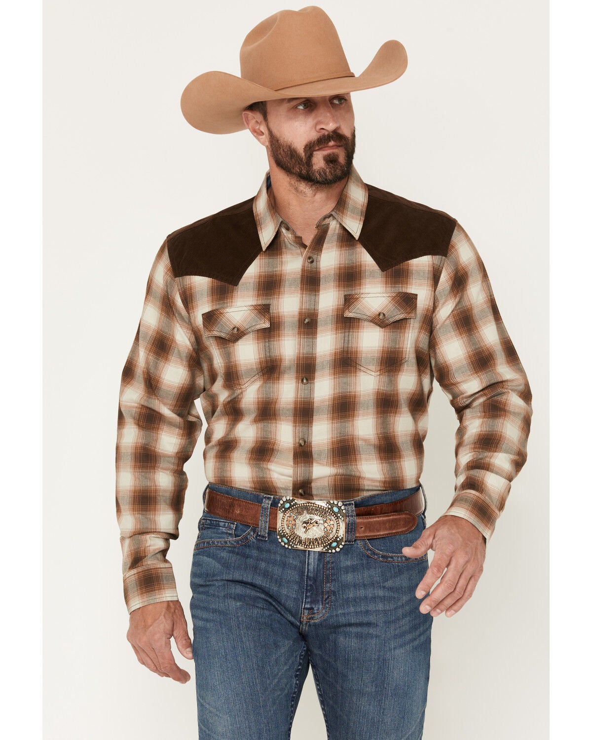 Cody James Men's Mad Plaid Print Corduroy Long Sleeve Snap Western Shirt, Tan, hi-res