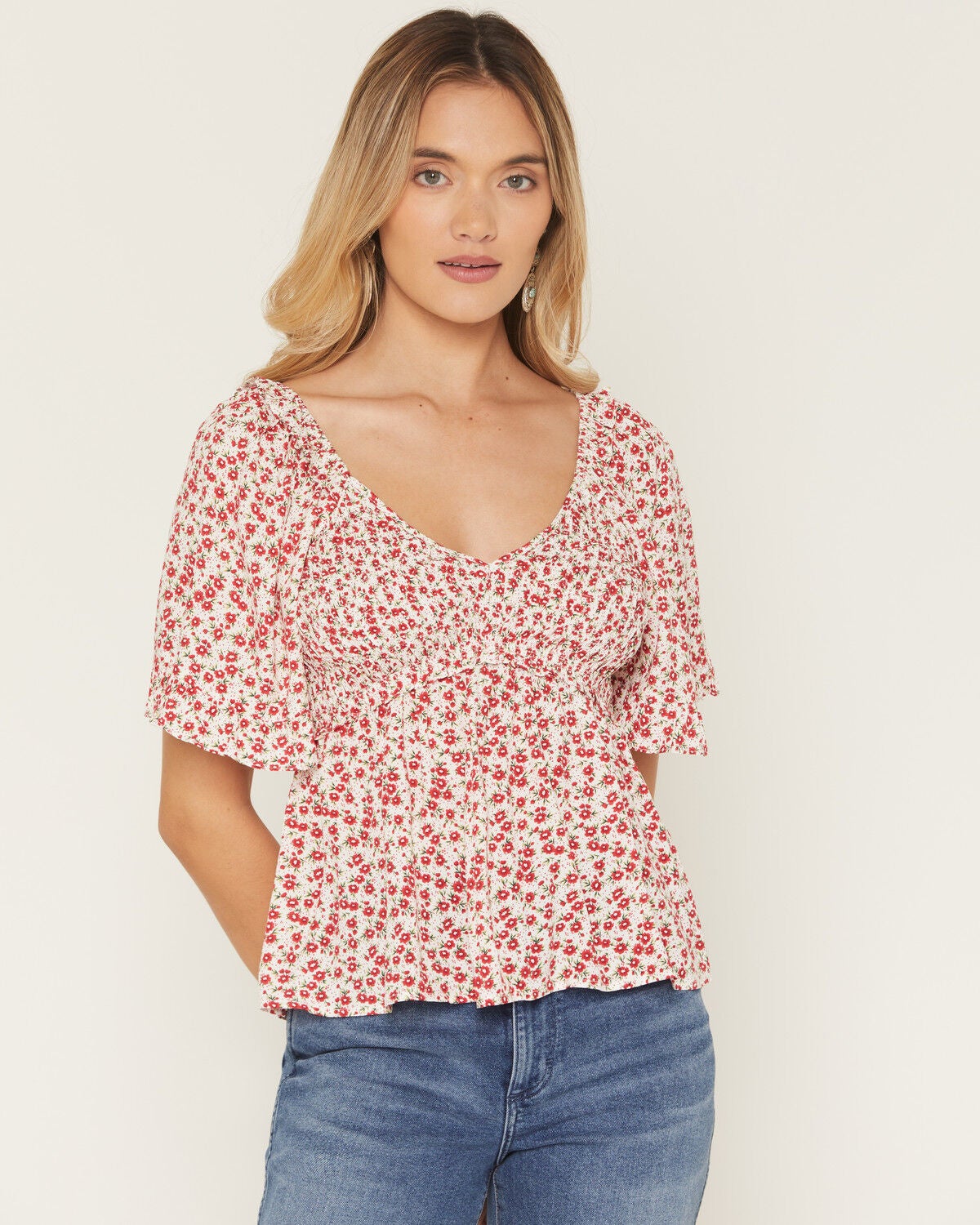 Image #1 - Yura Women's Boot Barn Exclusive Ditsy Floral Smocked Short Sleeve Top, Red, hi-res