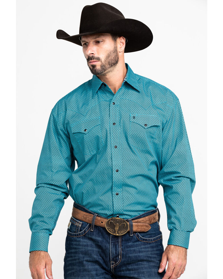 Stetson Men's High Fidelity Geo Print Long Sleeve Western Shirt , Blue, hi-res