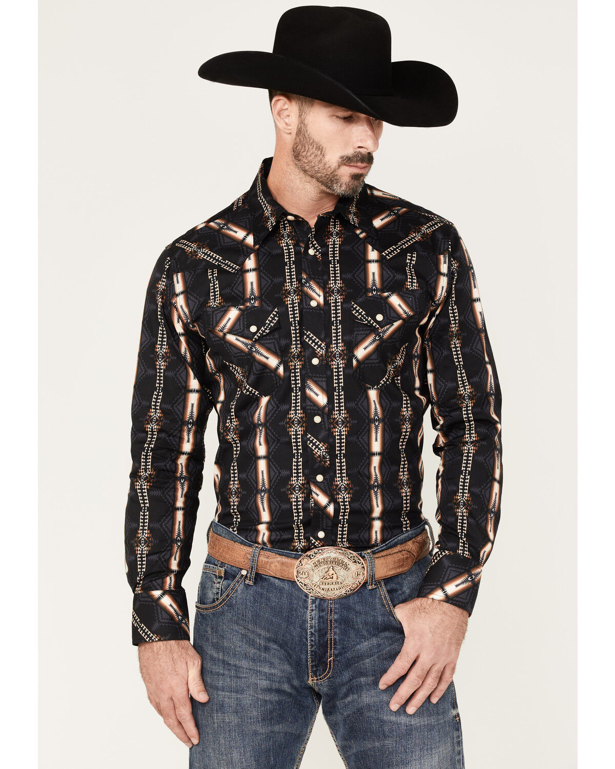 Image #1 - Rock & Roll Denim Men's Southwestern Stretch Long Sleeve Snap Shirt, Chocolate, hi-res