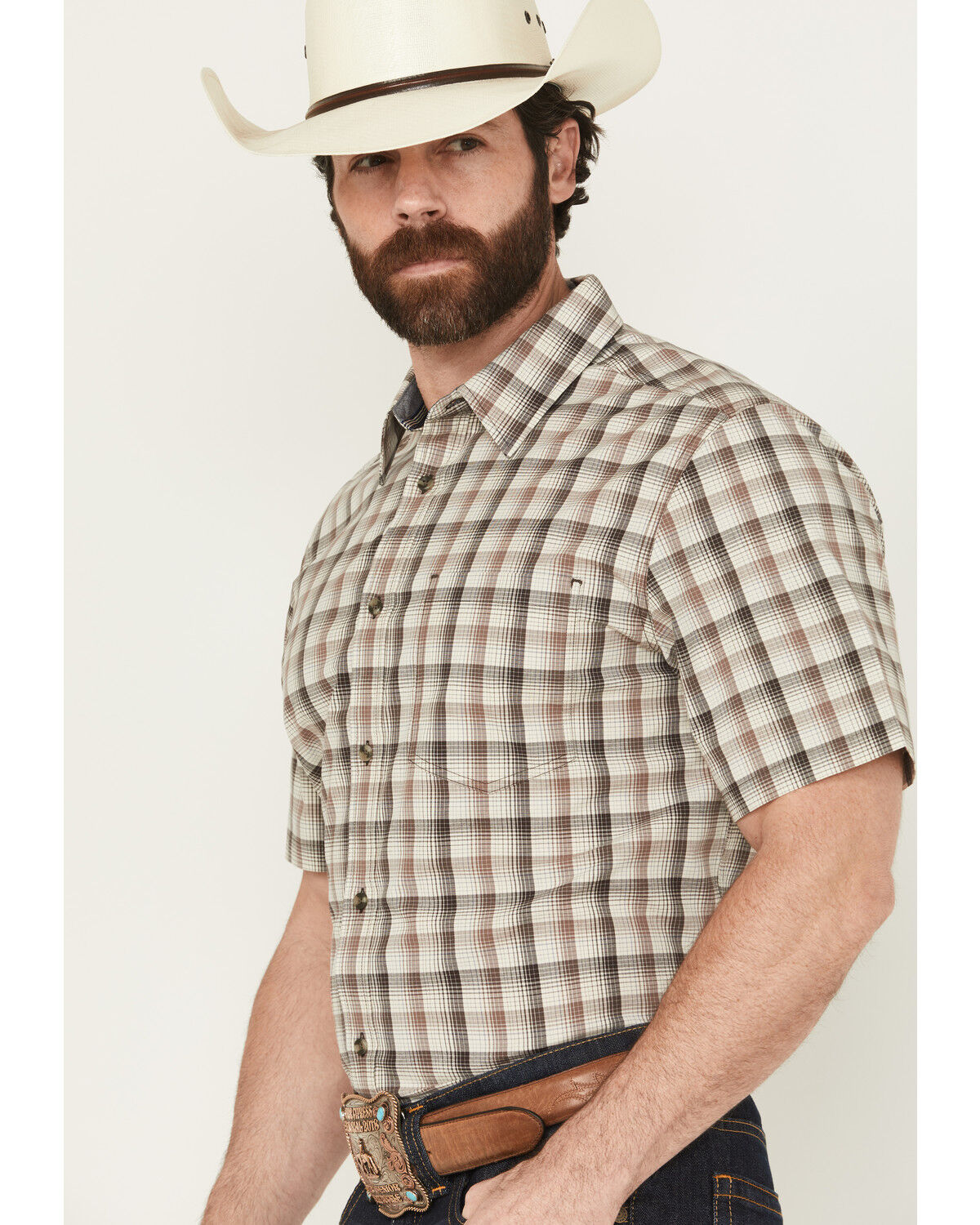 Image #2 - Cody James Men's Summit Plaid Print Short Sleeve Button-Down Stretch Western Shirt, Brown, hi-res