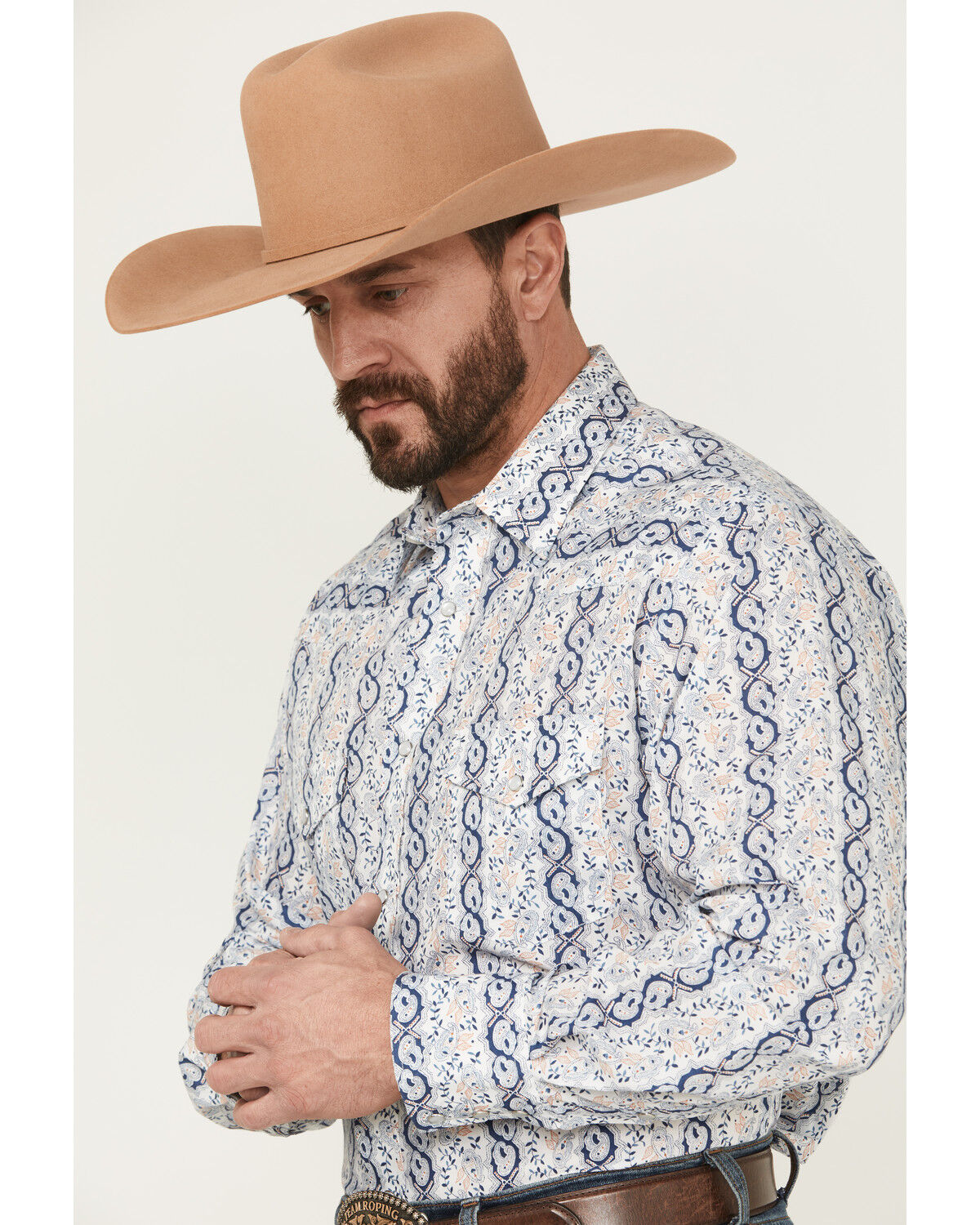 Image #2 - Roper Men's Wallpaper Floral Print Short Sleeve Snap Stretch Western Shirt, Blue, hi-res