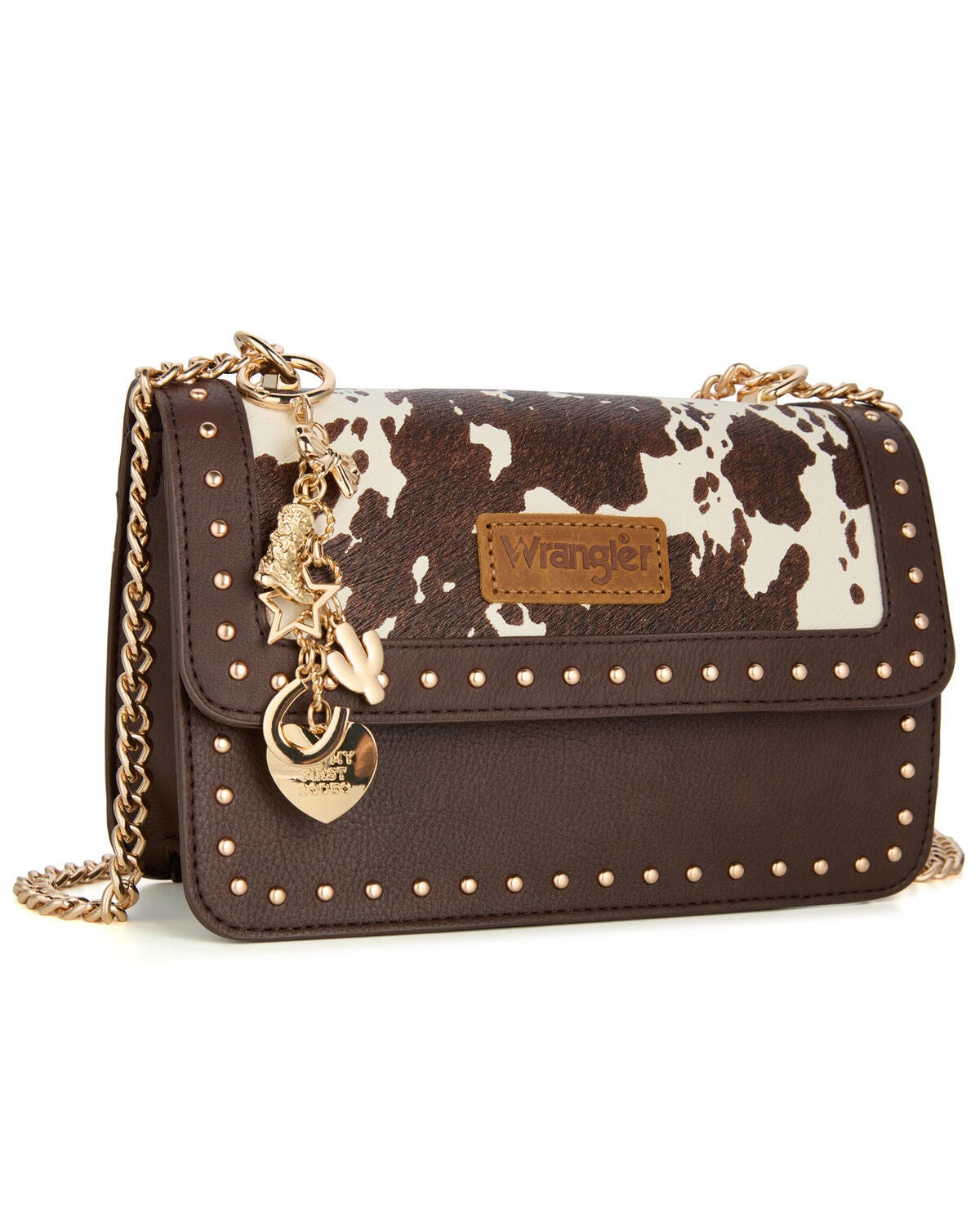 Image #2 - Wrangler X Boot Barn Women's Cow Print Shoulder Bag with Charm, Coffee, hi-res