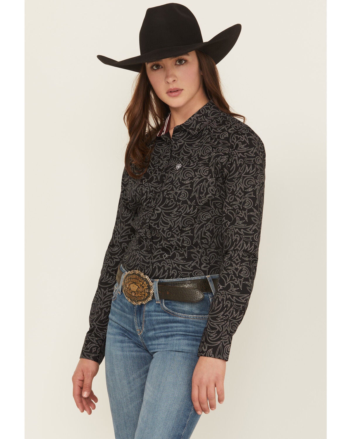 Image #1 - Ariat Women's Boot Stitch Kirby Long Sleeve Button-Down Stretch Western Shirt, Black, hi-res