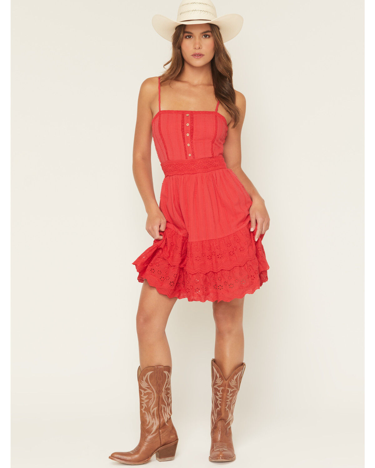Image #1 - Miss Me Women's Sleeveless Eyelet Trim Mini Dress, Red, hi-res
