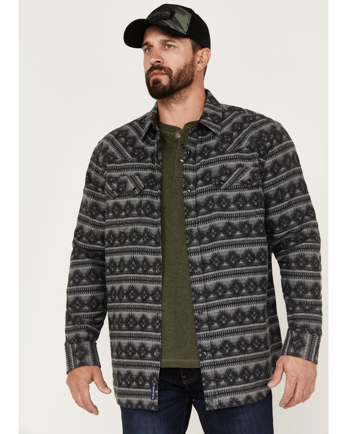 Moonshine Spirit&reg; Men's Southwestern Long Sleeve Flannel Western Shirt, Grey, hi-res