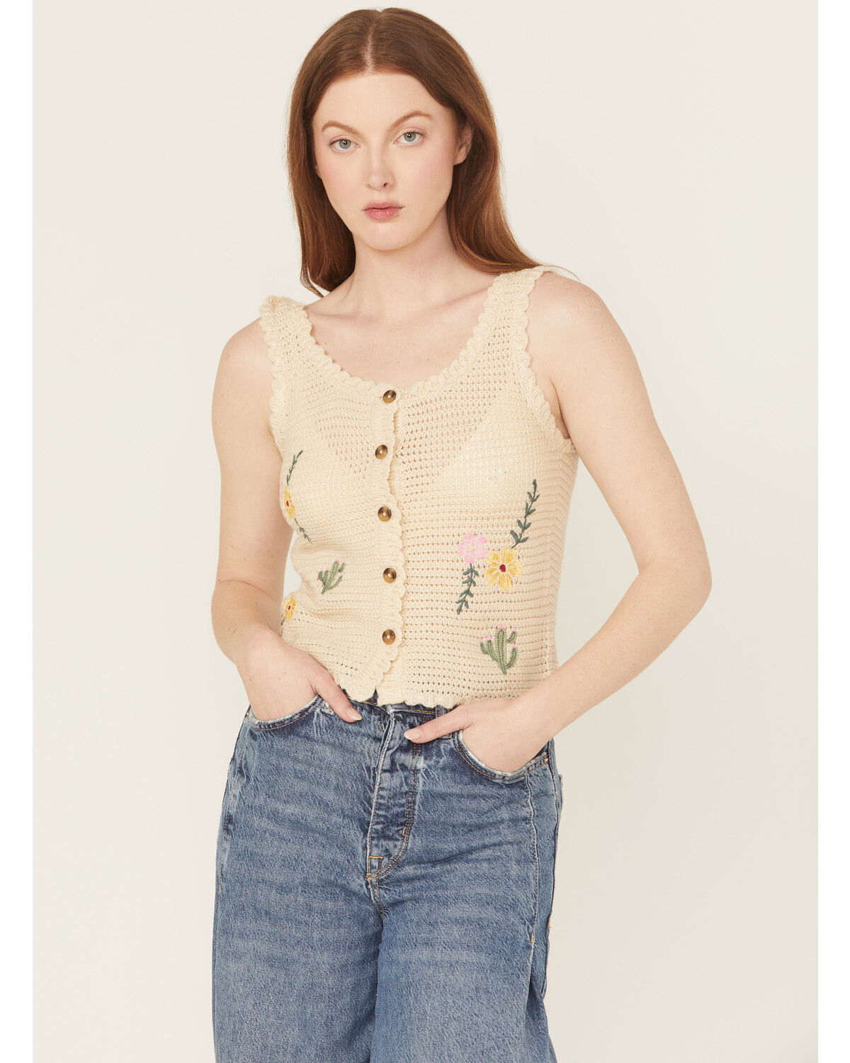 Image #1 - Rock & Roll Denim Women's Crochet Floral Tank, Natural, hi-res