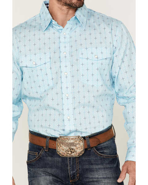 Image #3 - Panhandle Men's Cross Geo Print Long Sleeve Snap Western Shirt , Light Blue, hi-res