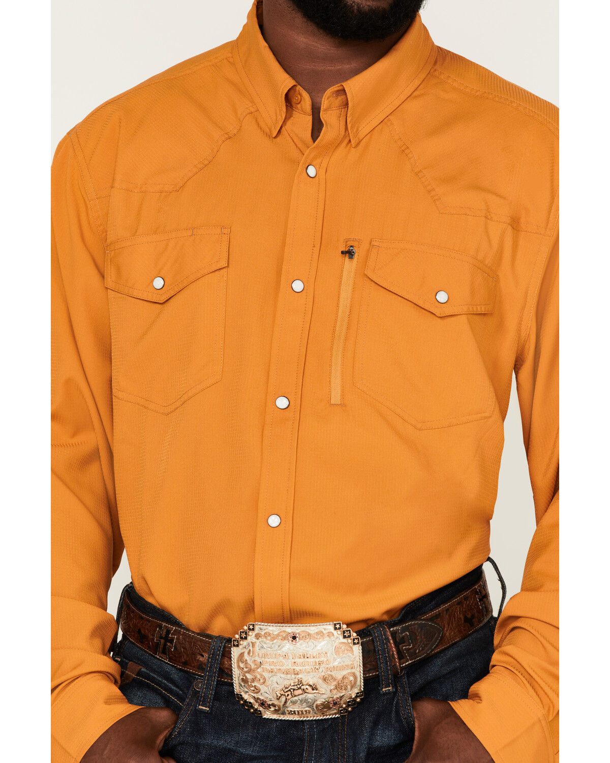 Image #3 - RANK 45® Men's Solid Roughie Tech Long Sleeve Snap Western Shirt, Gold, hi-res