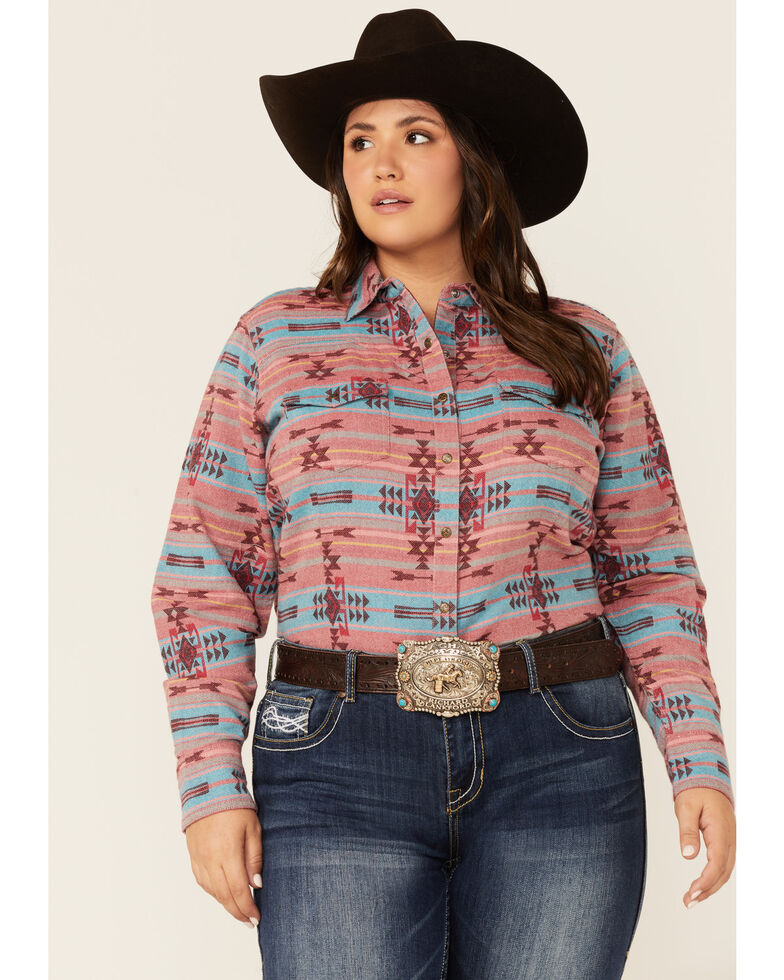 Ariat Women's R.E.A.L Ravishing Southwestern Print Long Sleeve Snap Western Shirt - Plus, Red, hi-res