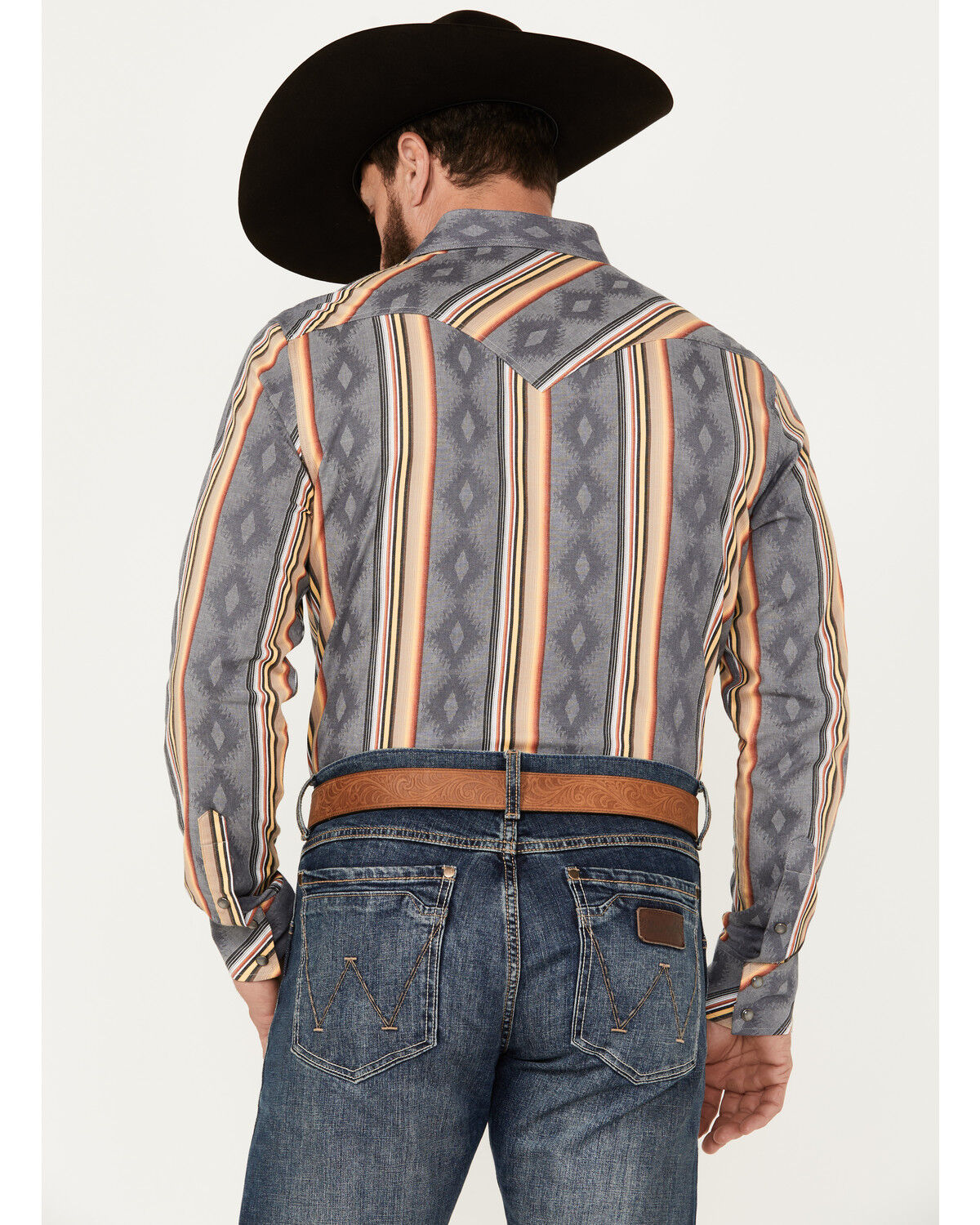 Image #4 - Rock & Roll Denim Men's Serape Striped Print Long Sleeve Stretch Pearl Snap Western Shirt, Grey, hi-res