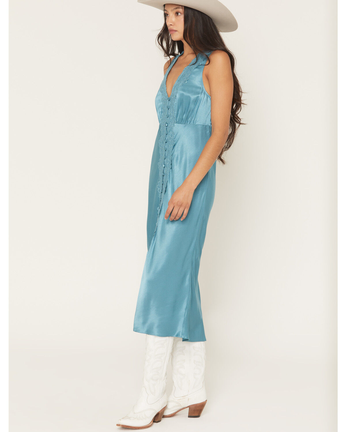 Image #2 - Shyanne Women's Satin Lace Trim Sleeveless Button-Down Midi Dress, Turquoise, hi-res