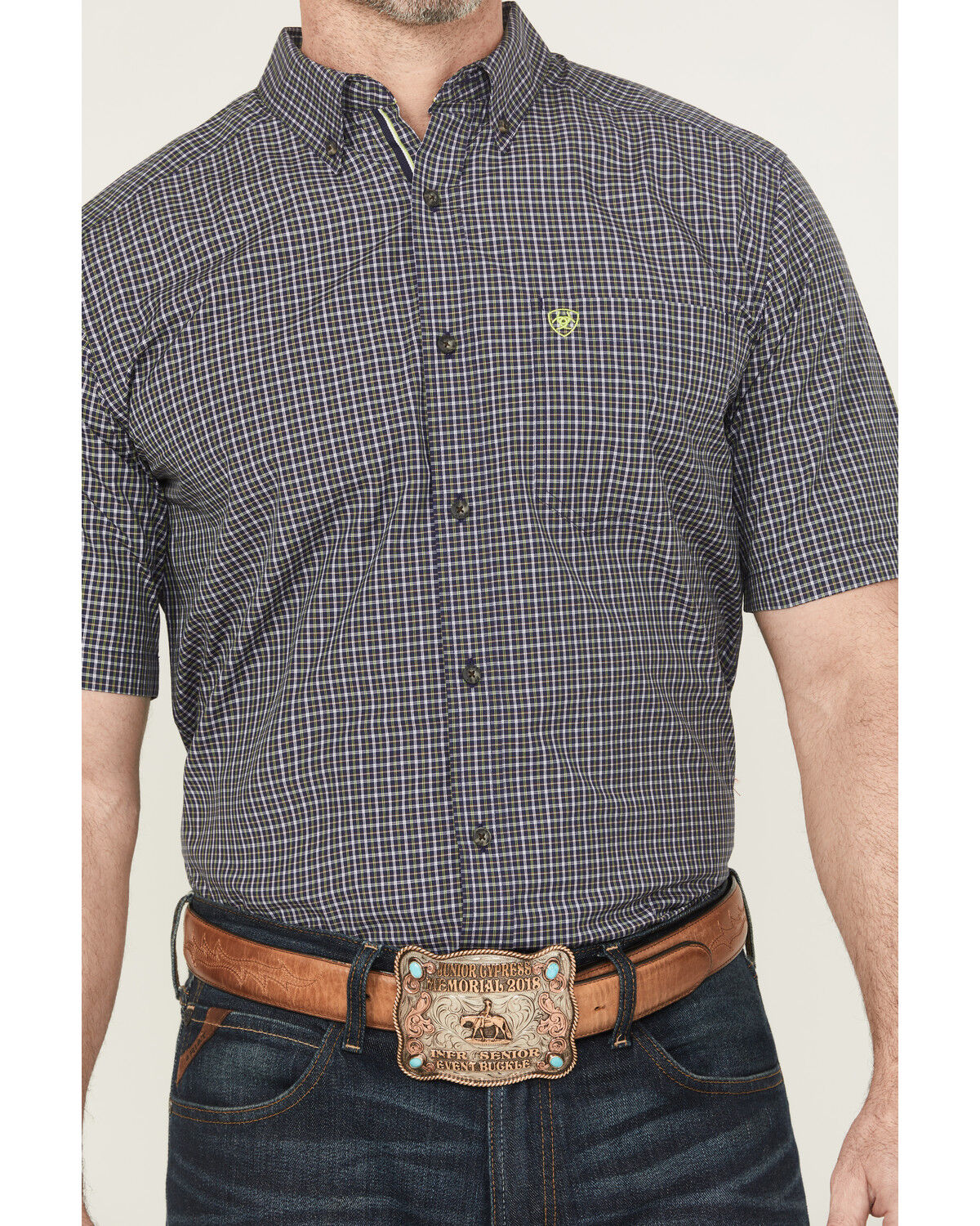 Image #3 - Ariat Men's Pro Series Caspian Plaid Print Short Sleeve Button-Down Western Shirt, Navy, hi-res