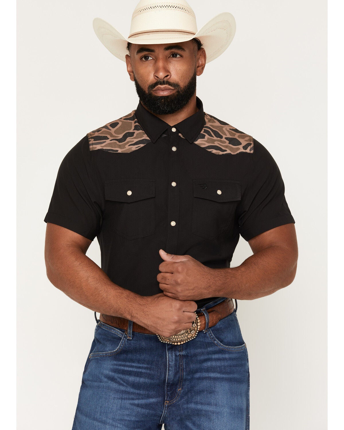Burlebo Men's Camo Color Block Short Sleeve Snap Performance Western Shirt, Black, hi-res