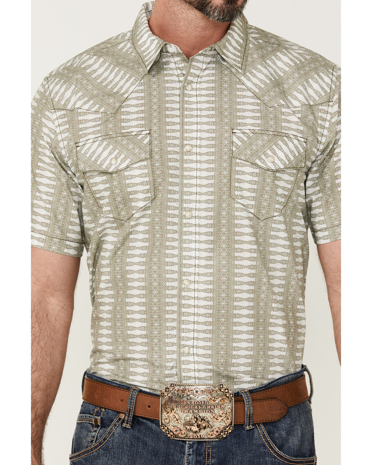 Image #3 - Gibson Men's Cream Southwestern Stripe Short Sleeve Pearl Snap Western Shirt, Cream, hi-res
